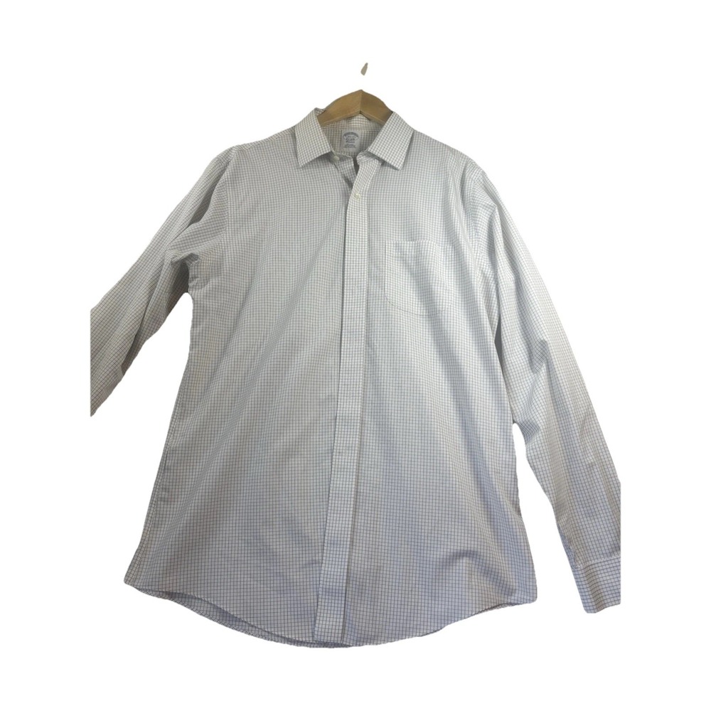 Brooks Brothers Mens Dress Shirt 16.5x37 White Button Up Plaid Makers Made USA